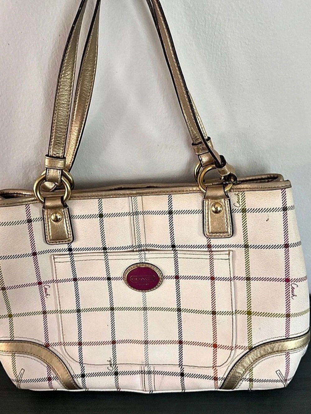Coach Peyton Tattersall Plaid Tote Shoulder Bag White & Gold